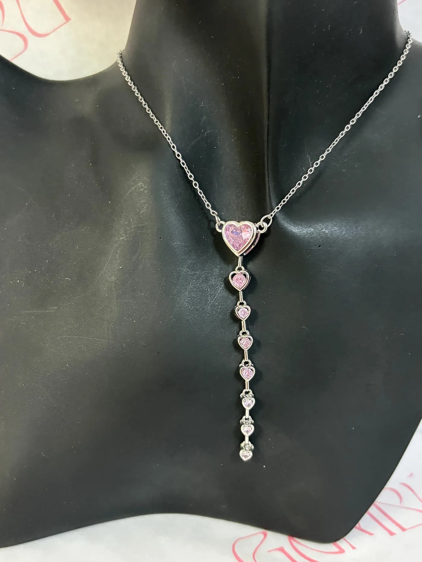 Pembe Kalp Taşlı Gümüş Renk Y Kolye