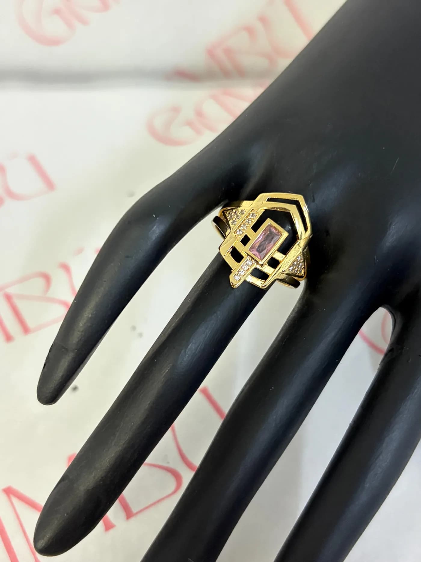 Art Deco Pembe Taşlı Altın Renk Ayarlanabilir Kadın Yüzük