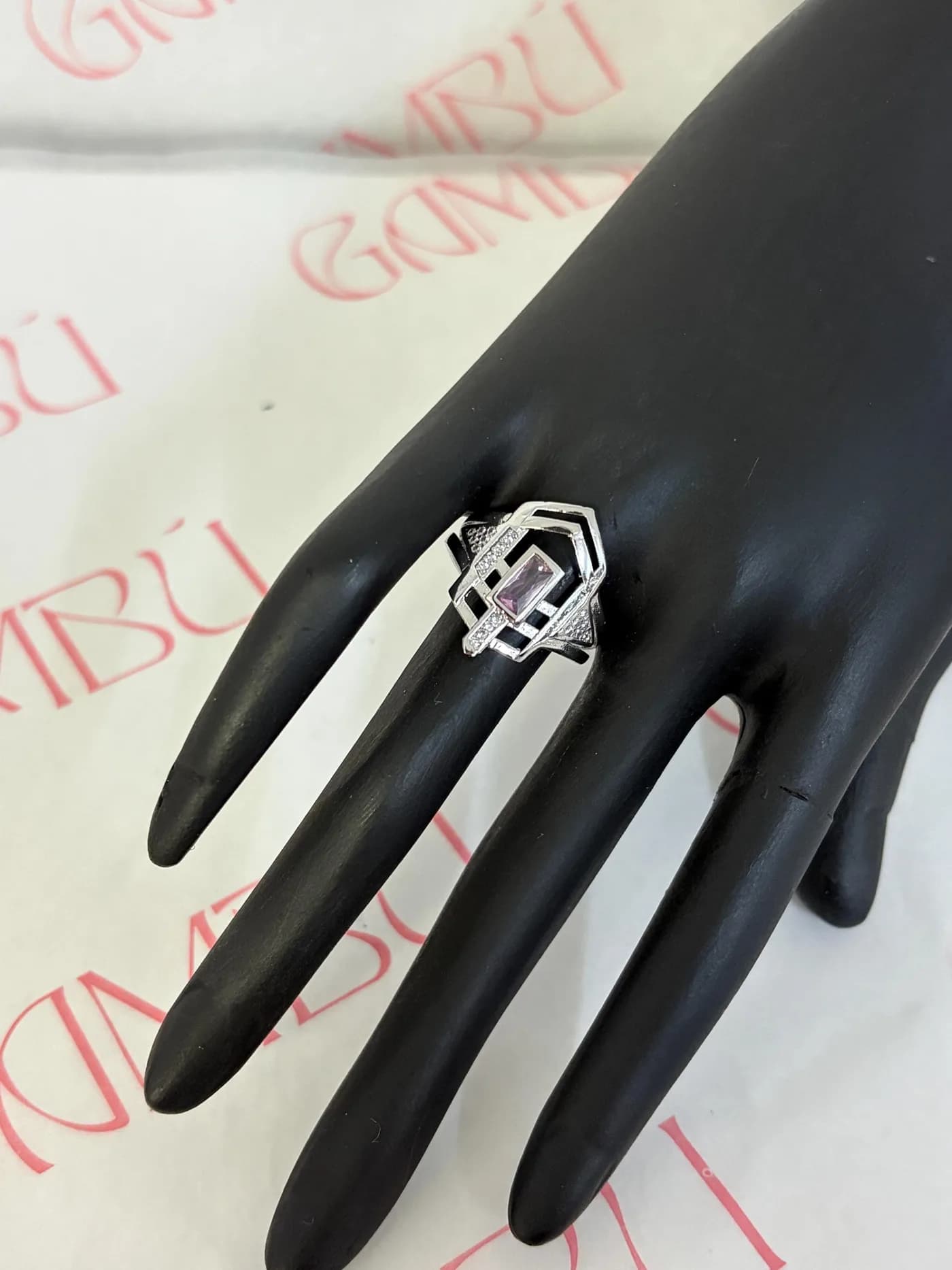 Art Deco Pembe Baget Taşlı Gümüş Renk Ayarlanabilir Kadın Yüzük